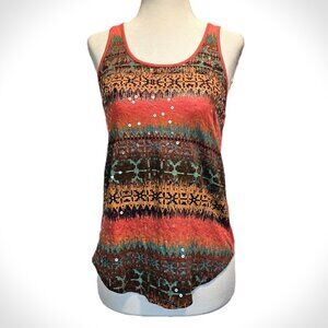 Express Sequin Tank Top XS | Colorful Tribal Print | Y2K Statement Vacation Top